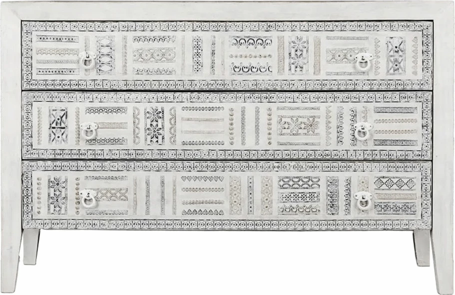 Komodë me 3 sirtarë, ngjyrë e bardhë decape, natyrale, 115x42x75cm