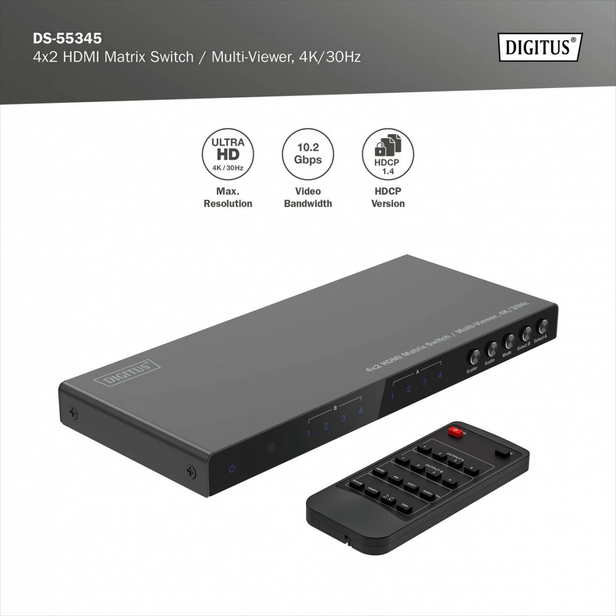 Switch HDMI Digitus DS-55345, 4 hyrje, 2 dalje, 4K/30Hz, me telekomandë, i zi