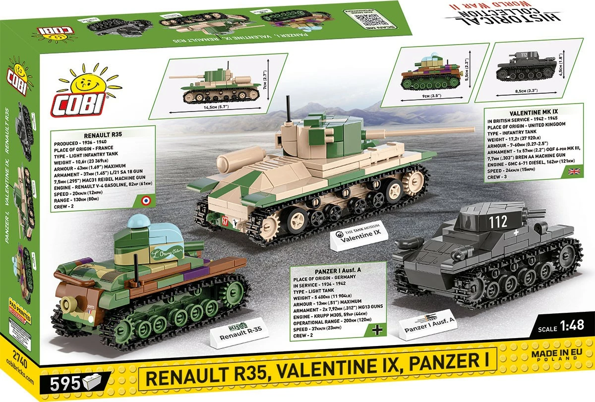 Set lodrash ndërtimi Cobi Klocki 2740 Renault R35, Valentine IX, Panzer I, 595 pjesë