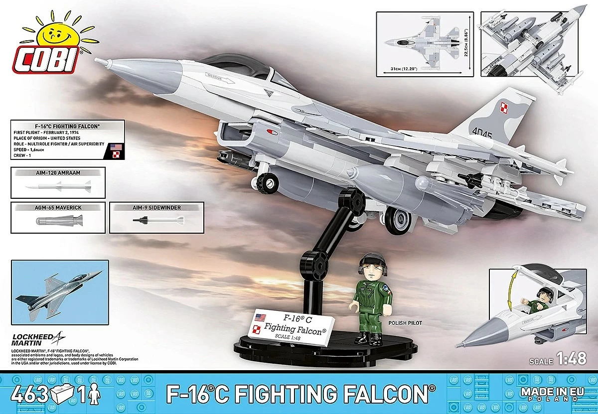 Set blloqesh ndërtimi, Cobi, F-16C Fighting Falcon COBI-5910, 463 pjesë, shkallë 1:48, me figurë pilot dhe bazament