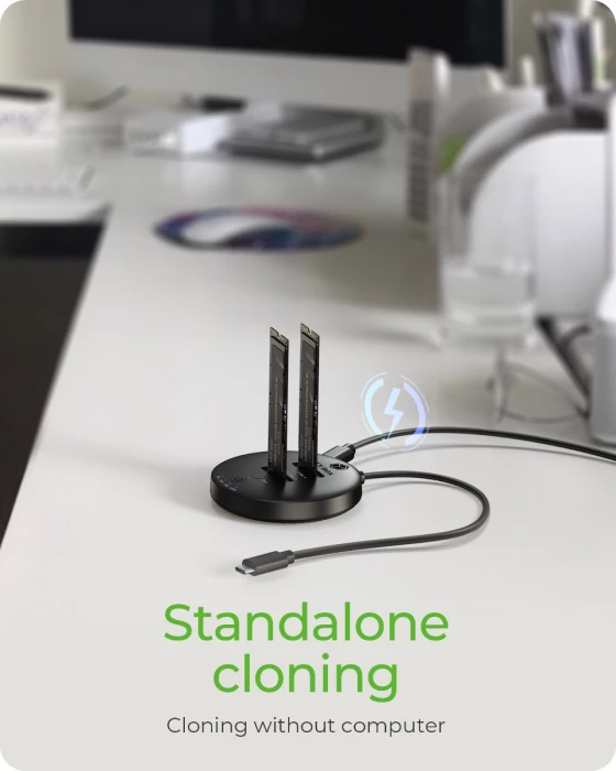 stacion dokimi dhe klonimi ICYBOX IB-1612MCL-C31 për 2x M.2 NVMe SSD, USB-C 10 Gbit/s, klonim offline, i zi, set me adaptor rryme dhe kabllo USB-C