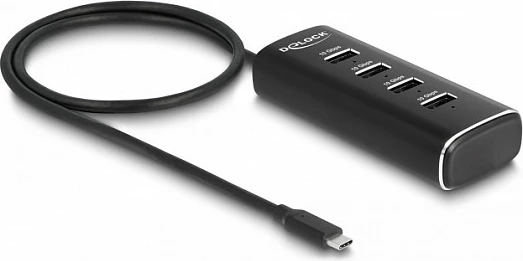 USB hub DeLOCK 4-port 10Gbps, USB-C në hyrje, 4x USB-A, kabllo 60 cm, metal, i zi