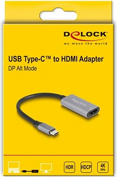 Adapter DeLOCK USB-C në HDMI (DP Alt Mode), 4K 60Hz, HDR10, HDCP, 0.15m, zi/gri
