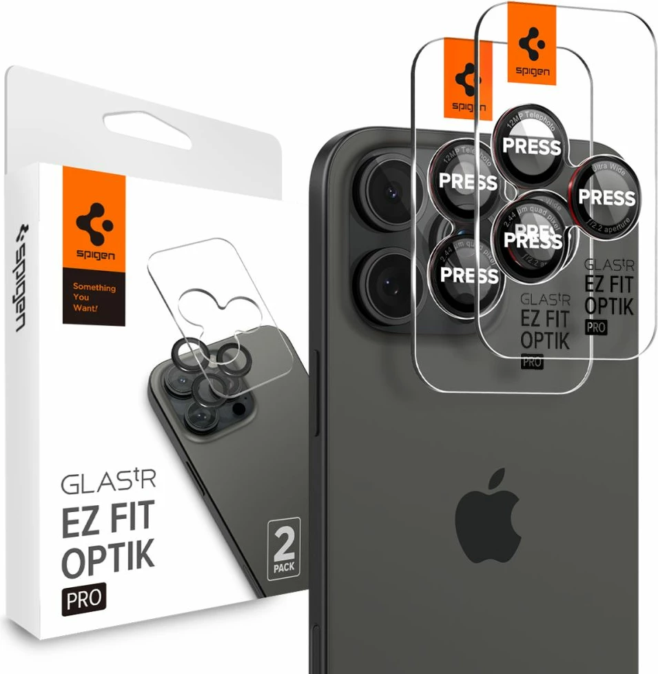 Mbrojtës xhami i temperuar për lente kamere Spigen Optik Pro L-Series Glas.tR EZ Fit për iPhone 14 Pro/Pro Max, 15 Pro/Pro Max, 16 Pro/Pro Max, 17 Pro/Pro Max, 9H, 2-pack, i zi me skaj të kuq
