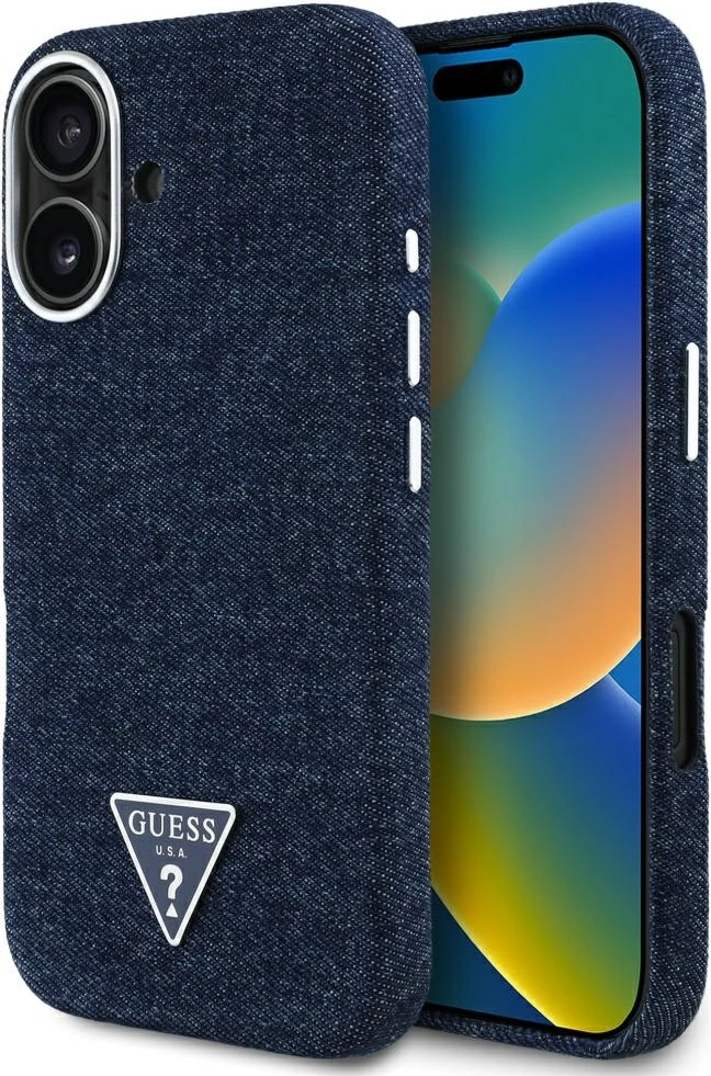 Mbështjellës Guess Denim Triangle Logo MagSafe për iPhone 16, Kaltër
