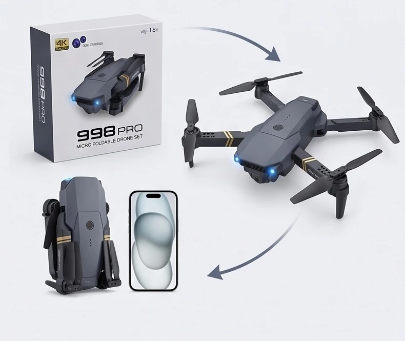 Dron Profesional i Palosshëm 998 PRO me Kamera, me dizajn modern dhe funksional, për përdorim të përditshëm, e hirtë (mat)