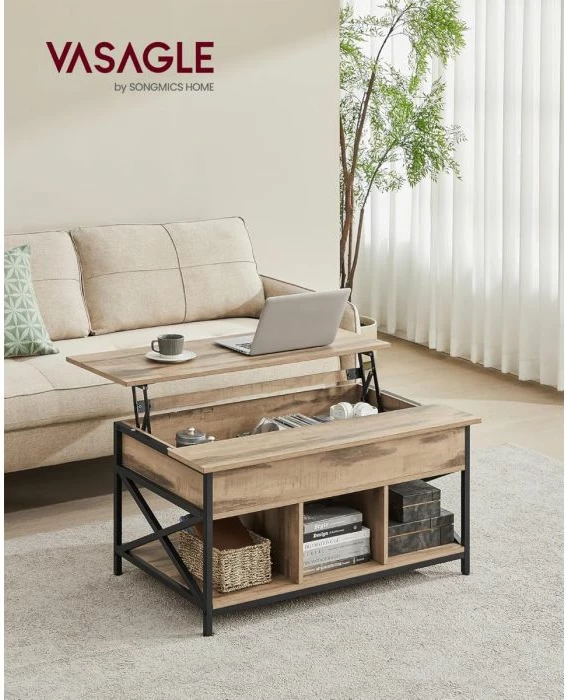 Tavolinë kafeje VASAGLE LCT205K50V1, kapak ngritës, lartësi e rregullueshme 48–62 cm, me hapësirë ruajtjeje, 60×95 cm, kafe kamel/zi