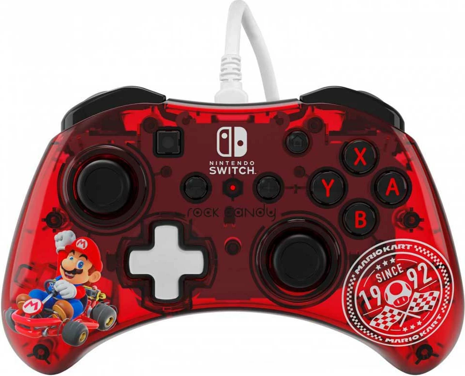 Kontroller i kablluar PDP Rock Candy Mini Mario Kart për Nintendo Switch, kabllo Micro USB 2.4 m, e kuqe transparente