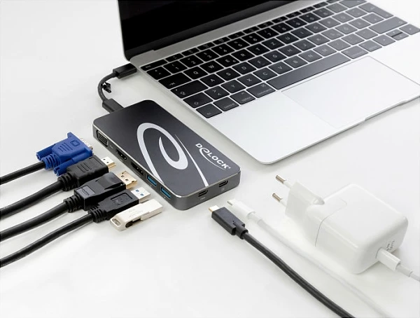 Docking stacion DeLOCK USB-C 3.2, DP/HDMI 4K + VGA, USB Hub, PD 3.0, e zezë