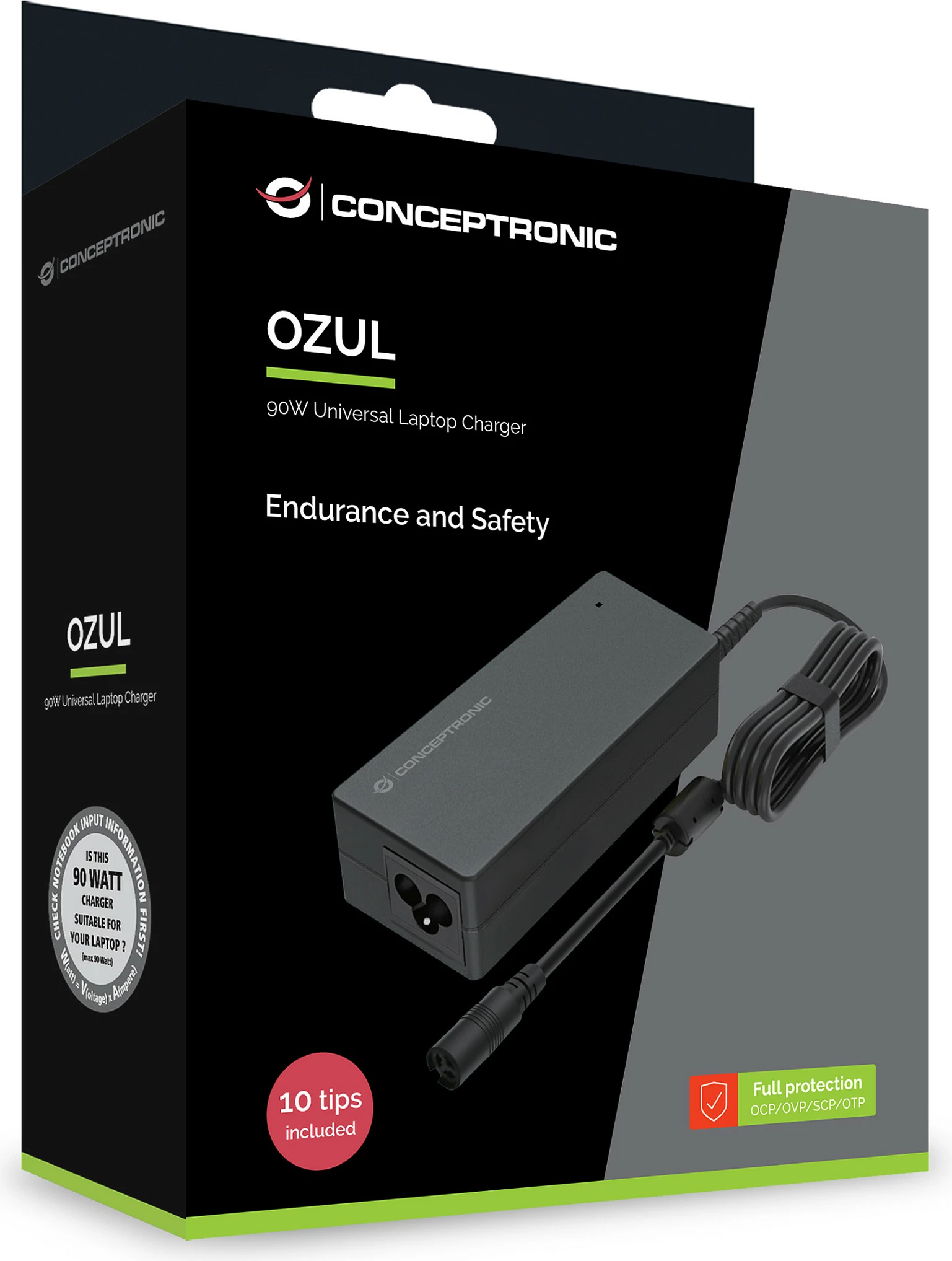 Adapter universal për laptop Conceptronic 90W, 10 maja, 15-20V, i zi