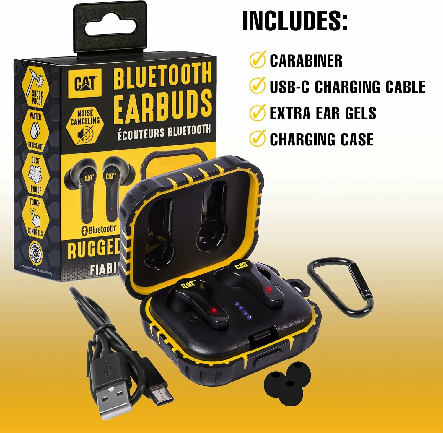 Kufje pa tela CAT CAT-BT-EARBUD, Bluetooth 5.0, IP55, 4-5 orë playback, touch control, me kuti karikimi, e zezë, set me kabllo USB-C dhe karabinier