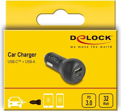 Karikues veture DeLOCK 64329, USB-C PD 20W + USB-A 12W, 32W, i zi