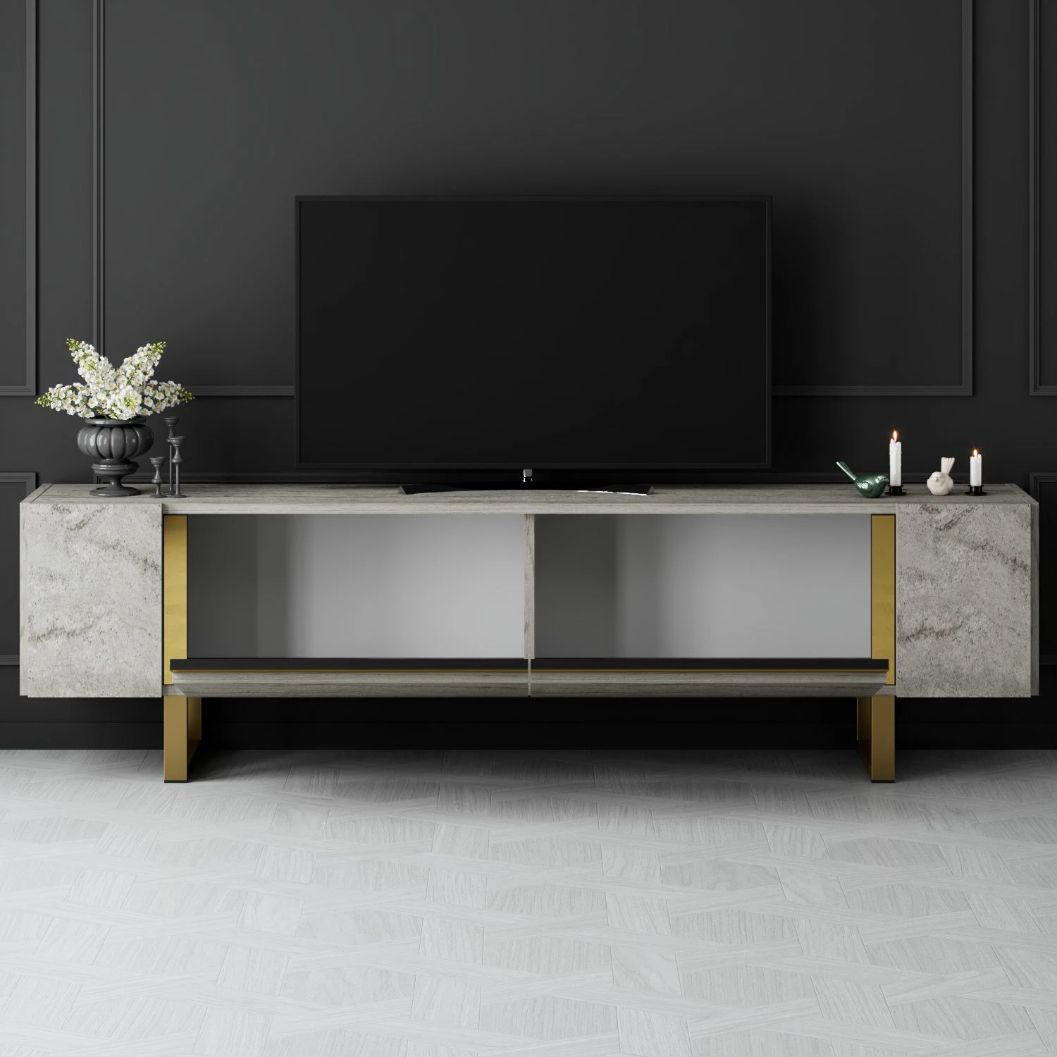 Komodë TV Hanah Home, Yildiz, travertin dhe ari