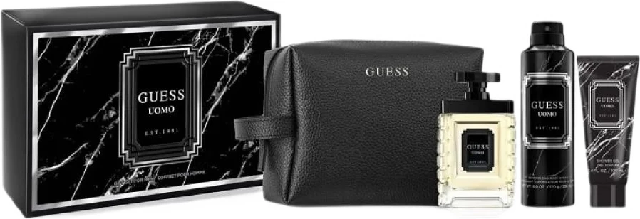 Set për meshkuj Guess Uomo me Eau de Toilette 100ml, xhel dushi 100ml, deodorant spray 226ml, çantë tualeti