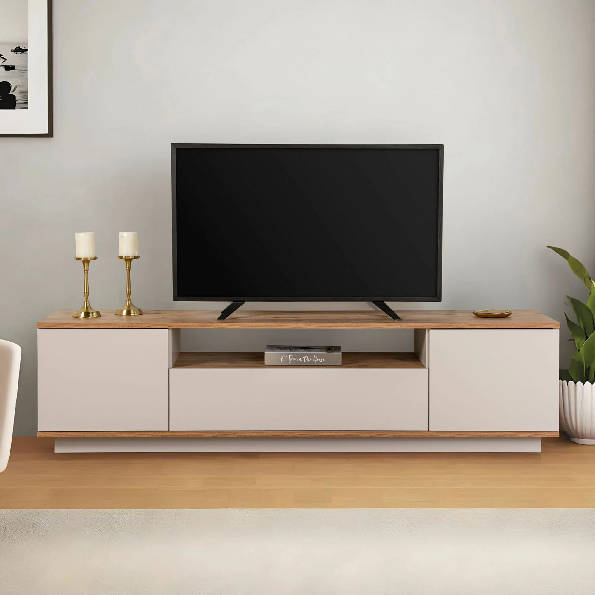 Komodë TV Skye Decor, Veramont, ngjyrë cashmere dhe Atlantic Pine