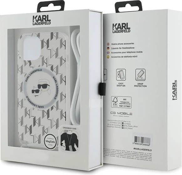 Mbështjellës Karl Lagerfeld IML Crossbody Monogram Karl & Choupette Head MagSafe për iPhone 15/14/13, Transparent