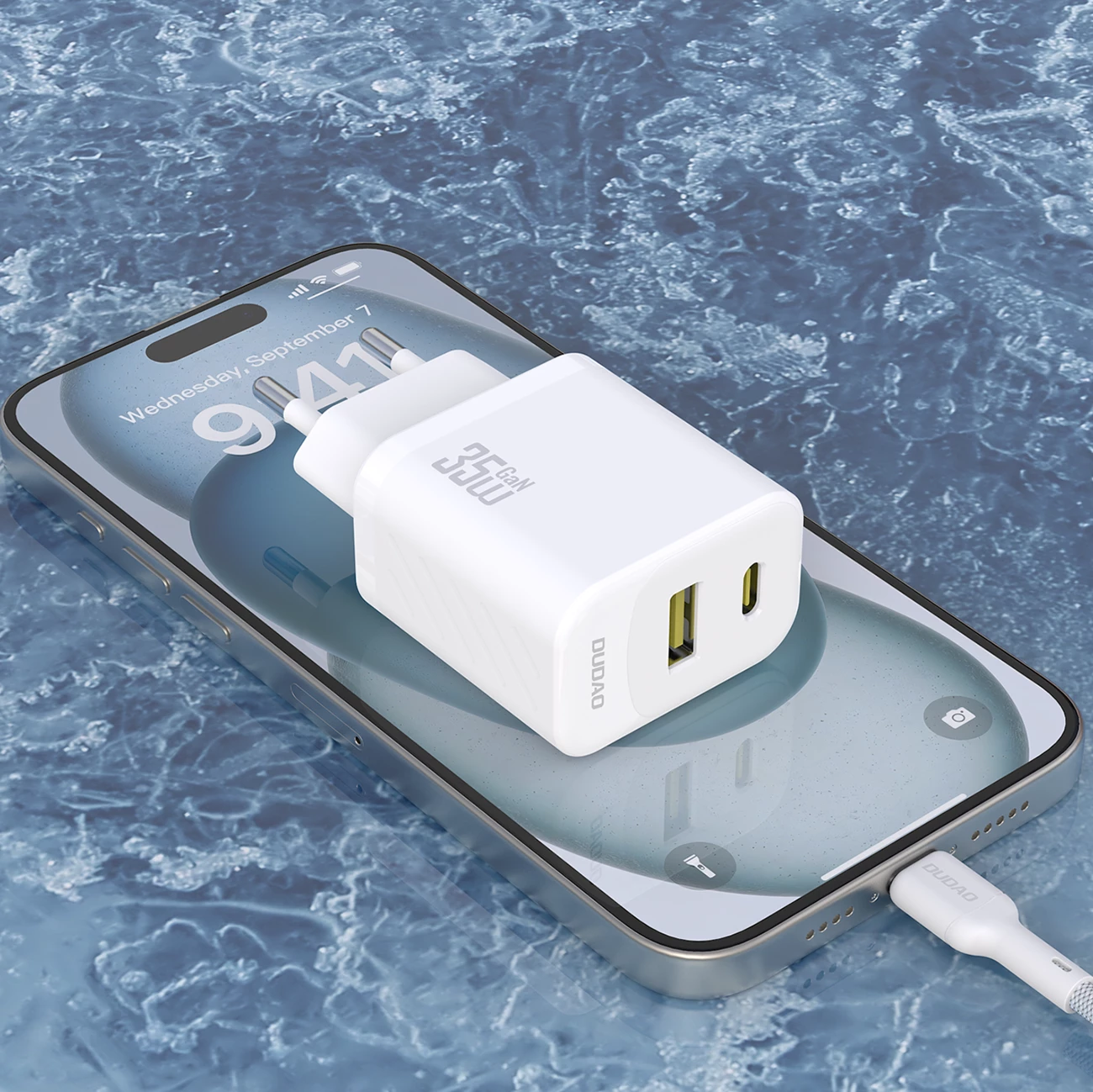 Karikues muri, Dudao A27MaxCEU, 35W PD/QC, 2 porta USB-C/USB-A, prizë EU, me kabllo USB-C 1 m, i bardhë