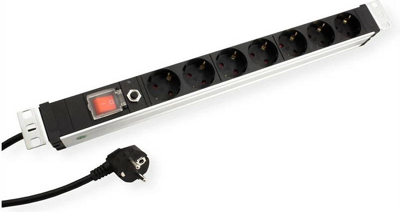 Shirit prizash rack 19" VALUE 7x Schuko, 1U, 3 m, me mbrojtje mbingarkese, alumini/zi