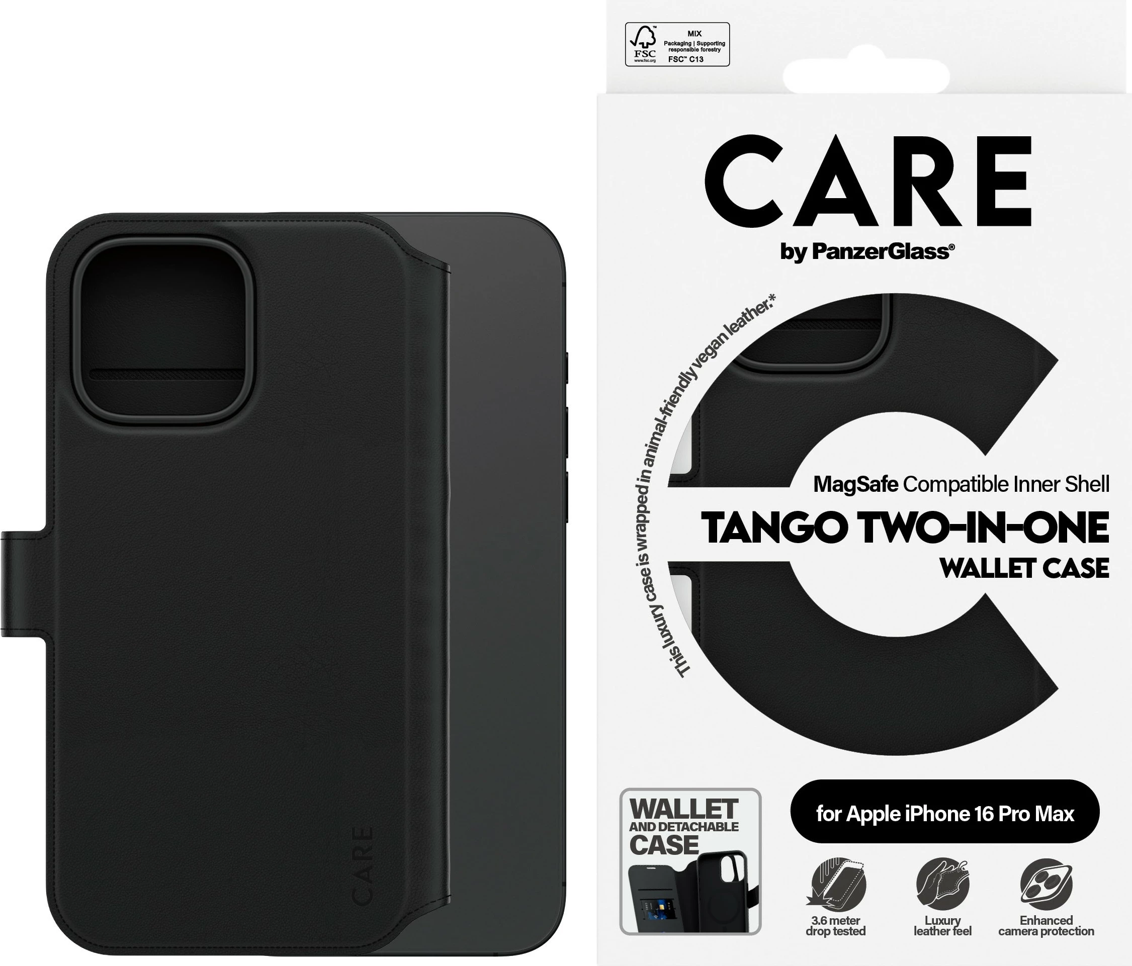 Mbështjellës PanzerGlass CARE Case Feature Tango 2-in-1 Wallet për iPhone 16 Pro Max, e zezë