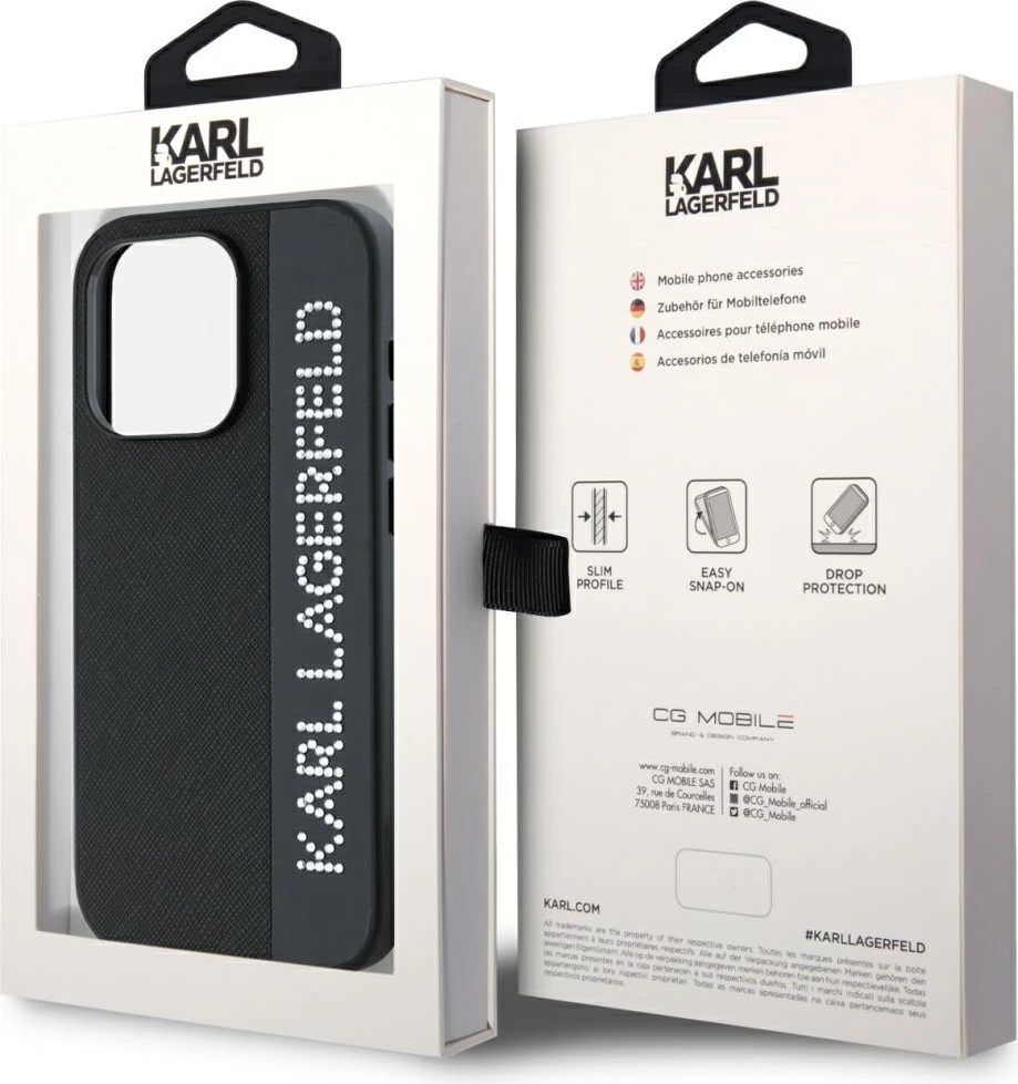 Mbështjellës Karl Lagerfeld Saffiano Rhinestones & Charm për iPhone 15 Pro, i zi