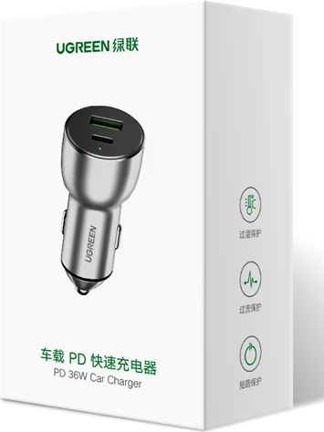 Karikues për veturë UGREEN 60980, USB-A + USB-C PD 36W, QC 3.0, gri, me kuti