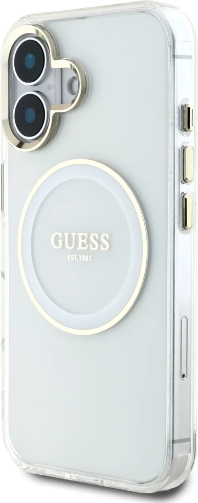 Mbështjellës Guess IML Metal Colored Circle Classic Logo MagSafe për iPhone 16, Bardhë