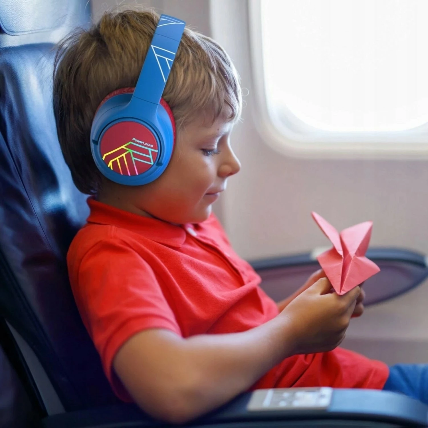 Kufje PowerLocus Bobo Kids, wireless Bluetooth 5.3, LED, AUX/USB-C, kuqe-kaltër