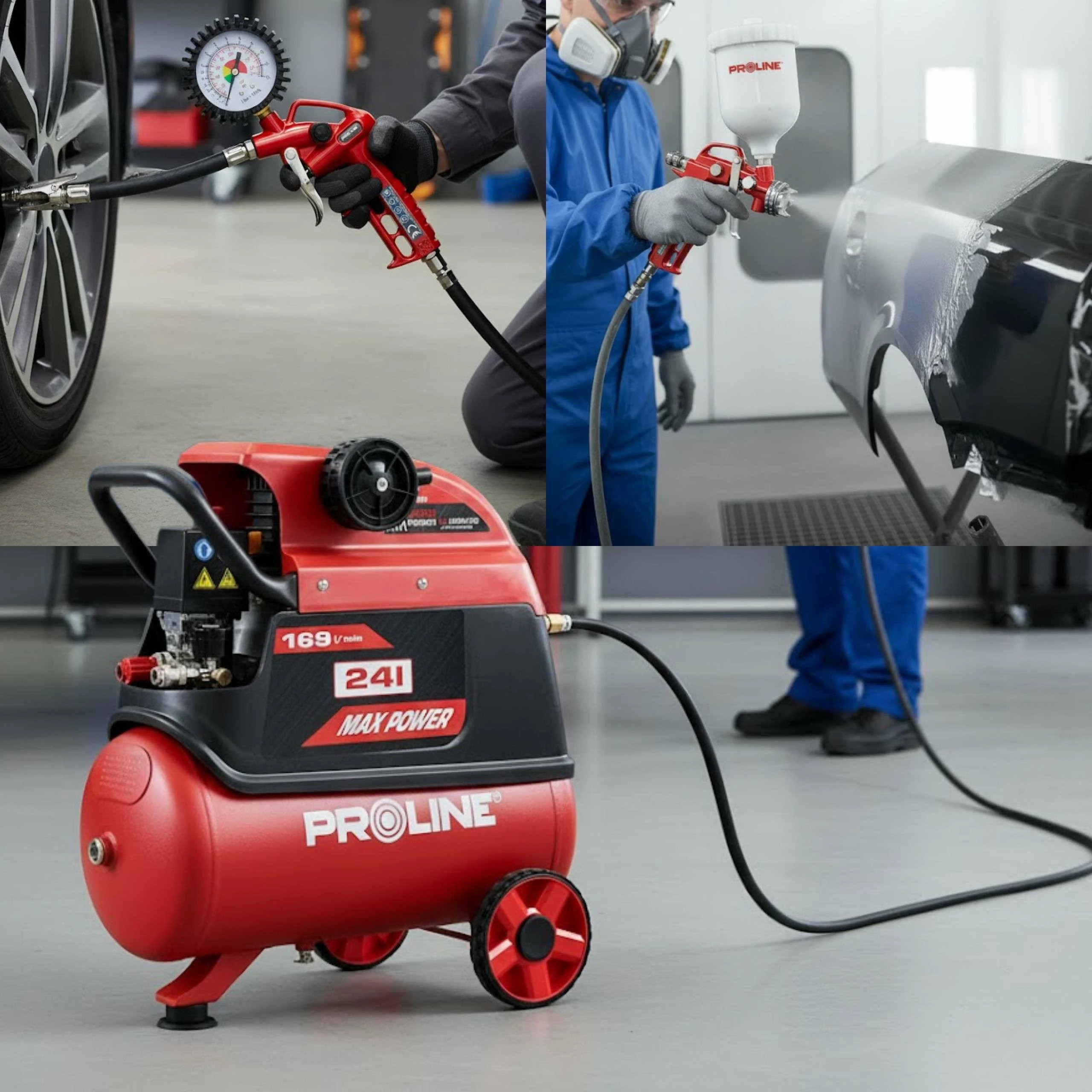 Kompresor ajri me vaj PROLINE P200001 24L 1500W/2HP 8 bar 169 l/min, set me aksesorë