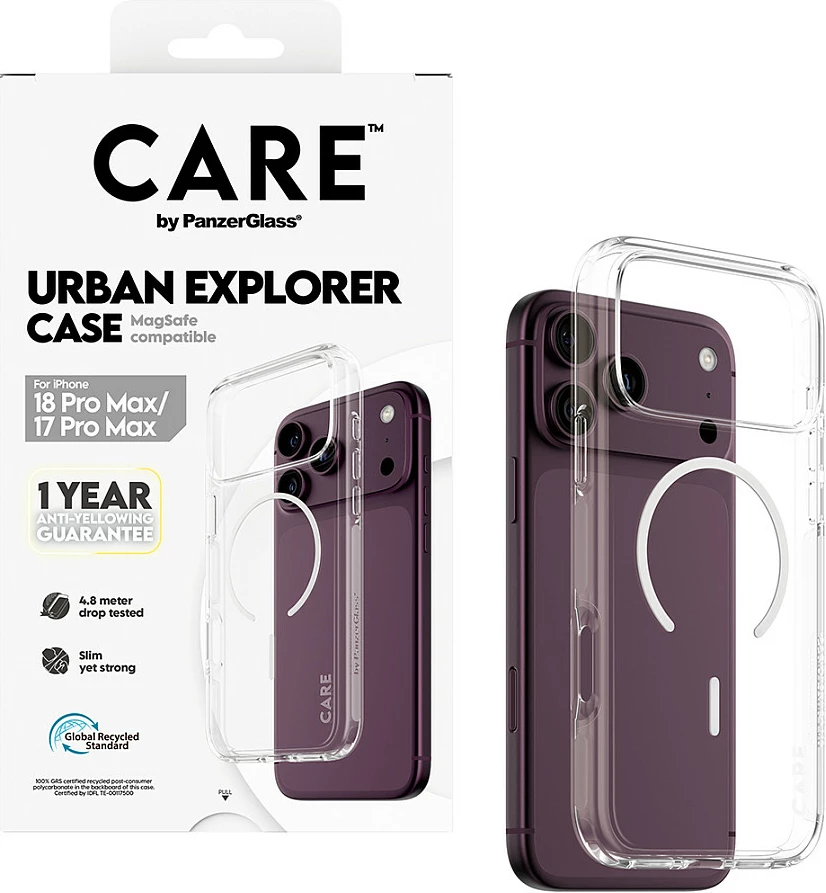 Mbështjellës PanzerGlass CARE Urban Explorer për iPhone 17 Pro Max, MagSafe, transparent me unazë të bardhë