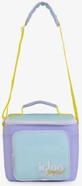 çantë termike IGLOO Soft Retro Square Lunch, kapacitet 9 kanaçe, 22.23×15.24×21.59 cm, pastel vjollcë/bojëqielli me rrip të verdhë