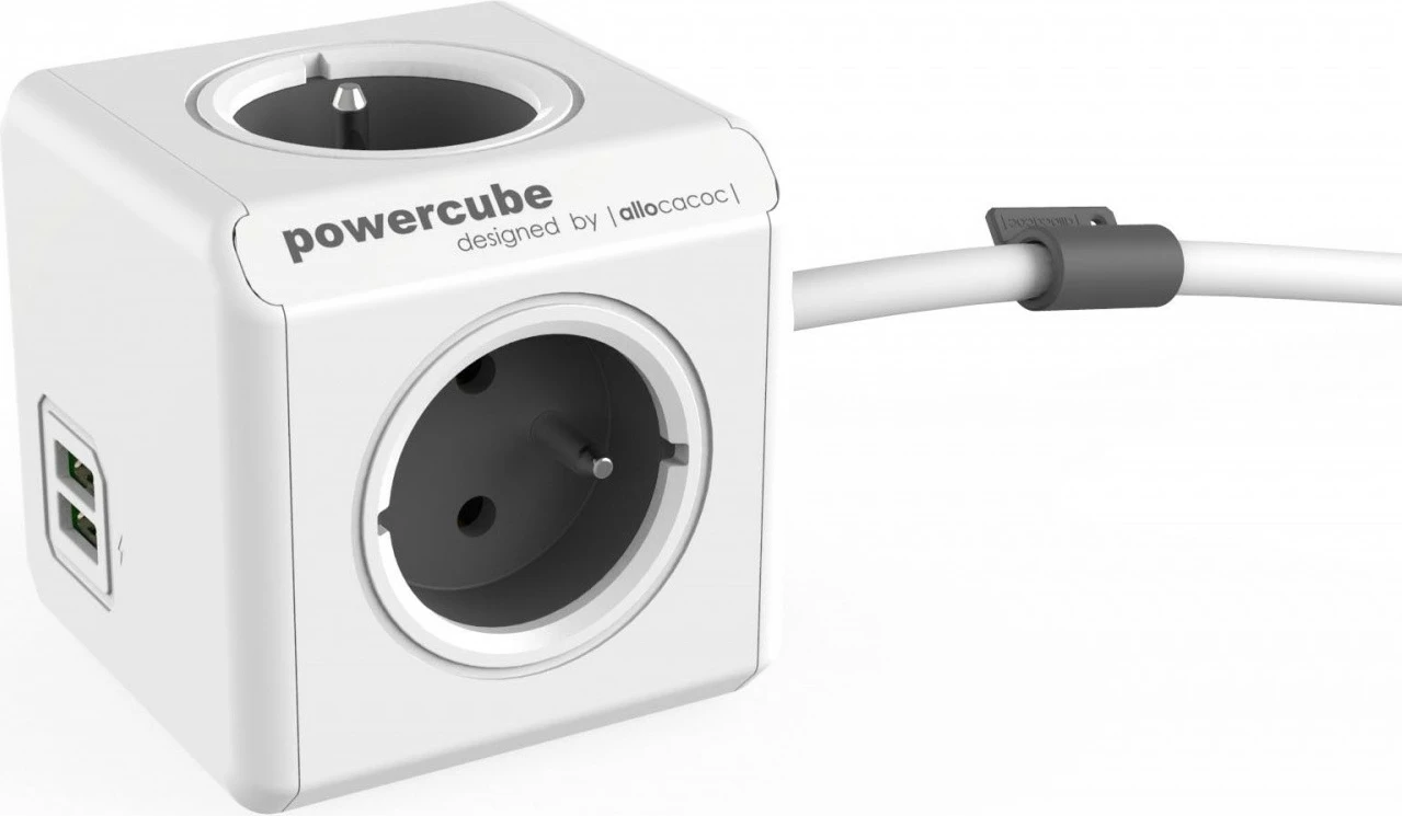 Prizë shumëfunksionale Allocacoc PowerCube Extended USB, 1.5m, 4 dalje, 2 USB, Gri/Bardhë