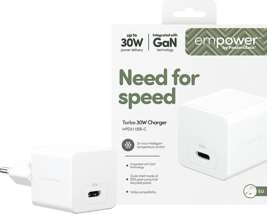 Karikues muri PanzerGlass empower Turbo 30W, USB-C PD, EU Plug, i bardhë