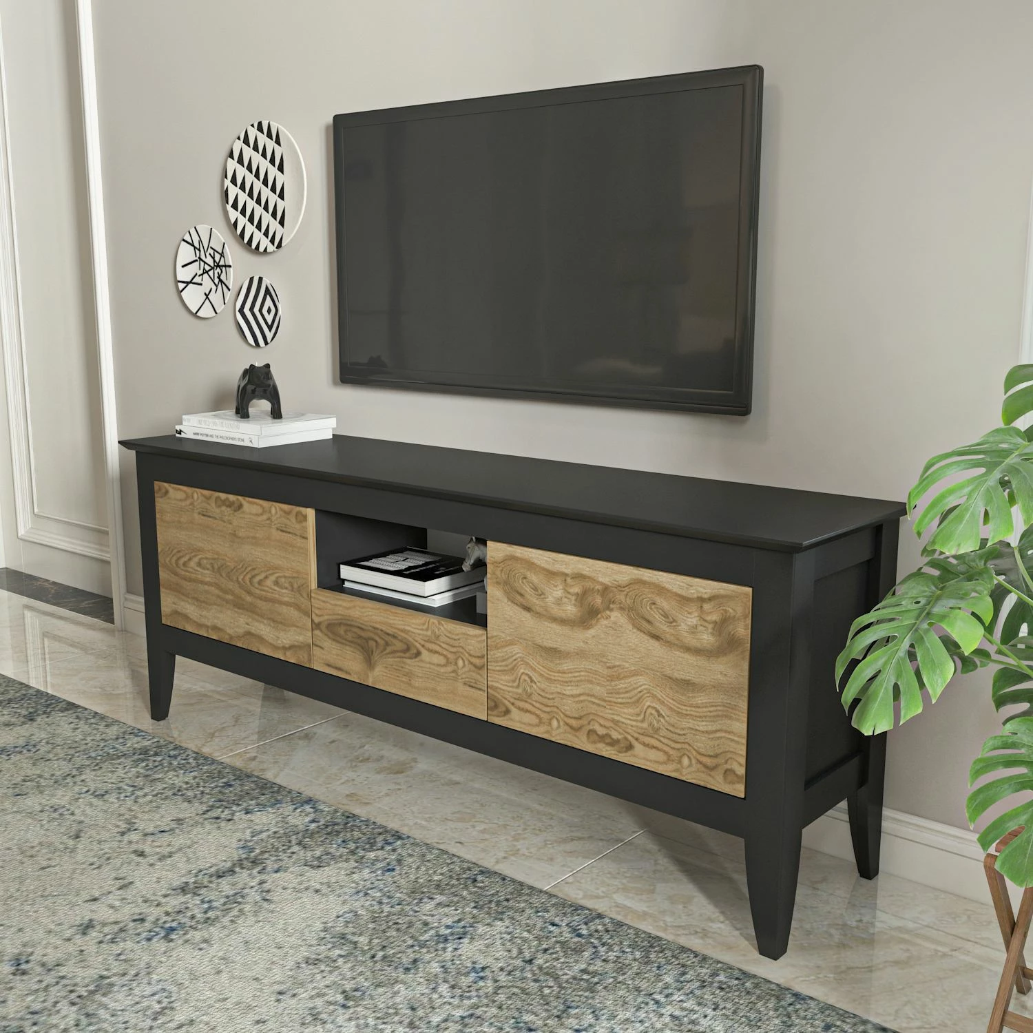 Komodë TV Skye Decor, moderne, ngjyrë e zezë dhe lisi oud