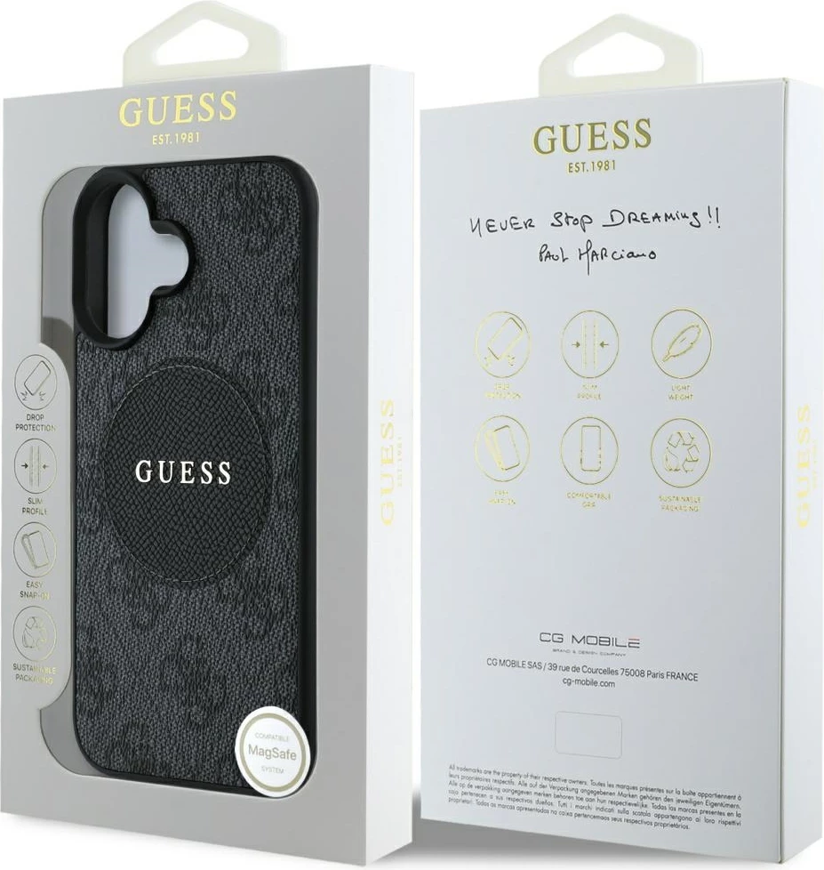 Mbështjellës Guess 4G Circle Classic Logo MagSafe për iPhone 16, i zi