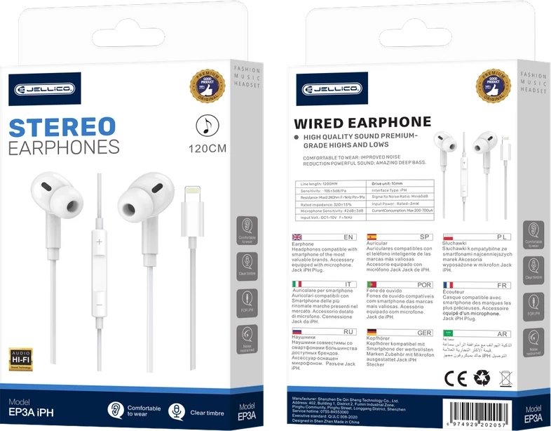 Kufje me kabllo Jellico EP3A Lightning me mikrofon, majë silikoni, të bardha