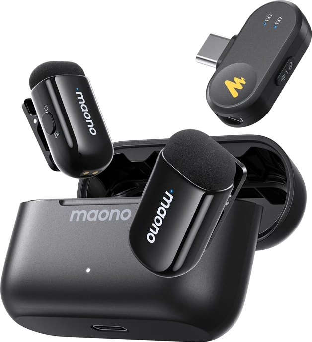 Mikrofon wireless, Maono WM622 PC2, për iPhone/iPad, MFi, 100 m, 48kHz/16-bit, 30 orë me kuti karikimi, 2 transmetues, zi