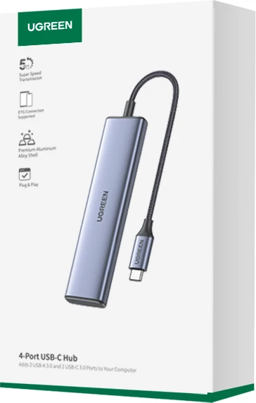 HUB USB-C Ugreen CM473, 2x USB-A, 2x USB-C, 20 cm, Gri