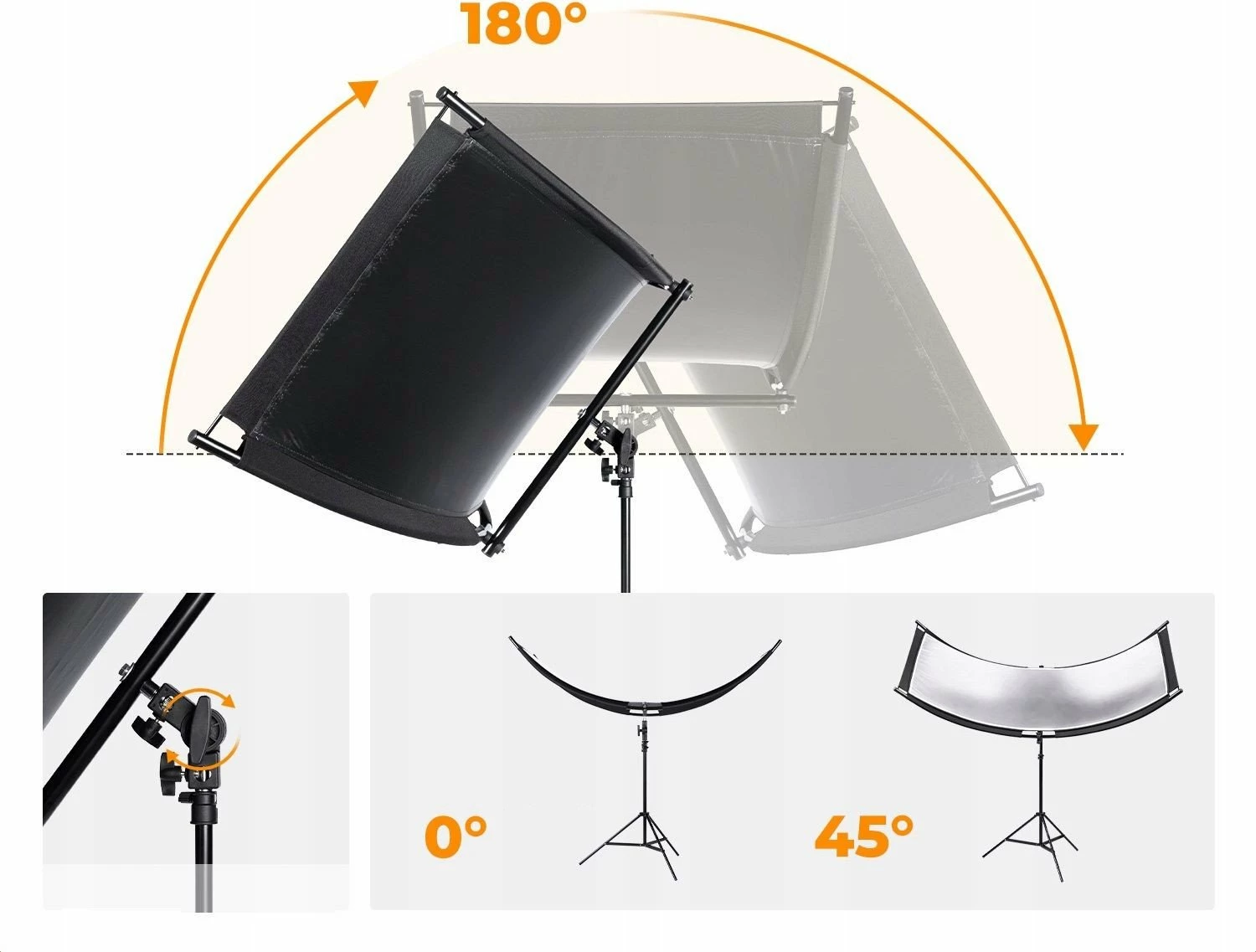 Reflektor studio i lakuar U-Shape K&F Concept KF18.0012 180x60cm 4-në-1 me tripod 67-192cm, bardhë/zi/argjend/artë, set me çantë
