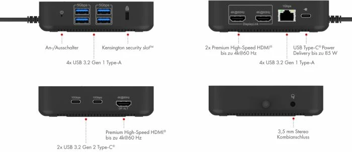 Docking station USB-C ICYBOX IB-DK4090-C 12-në-1, 85W PD, 3x HDMI 4K@60Hz, Gigabit LAN, e zezë