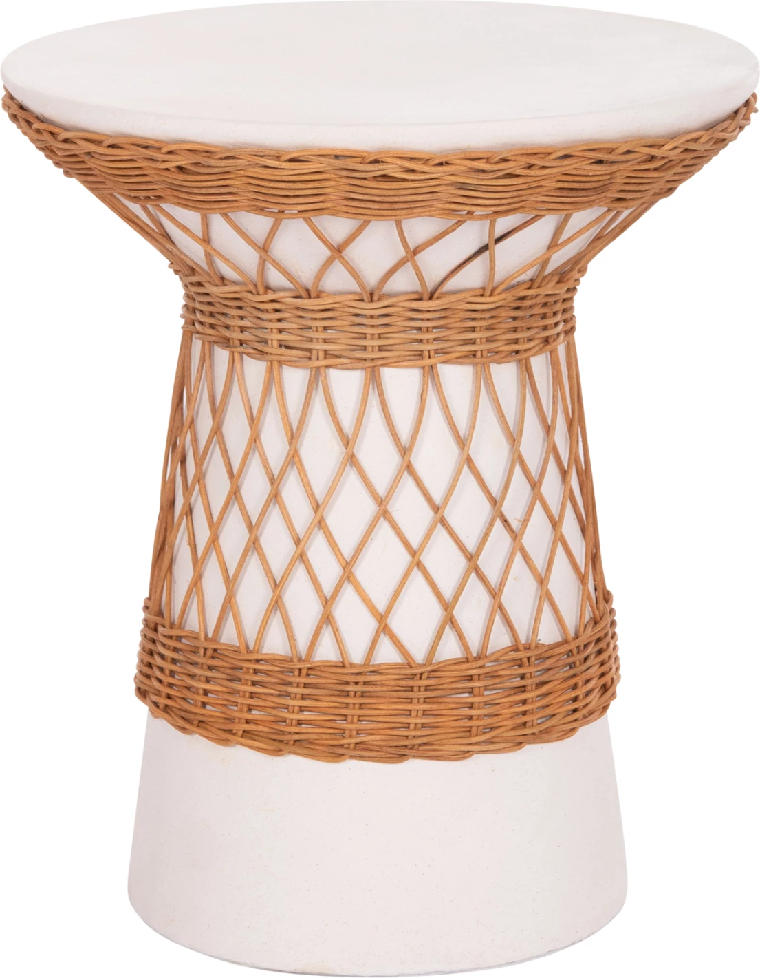 Tavolinë anësore e rrumbullakët Delia, çimento fiber e bardhë & ratan, FH18167.02, 40x45cm