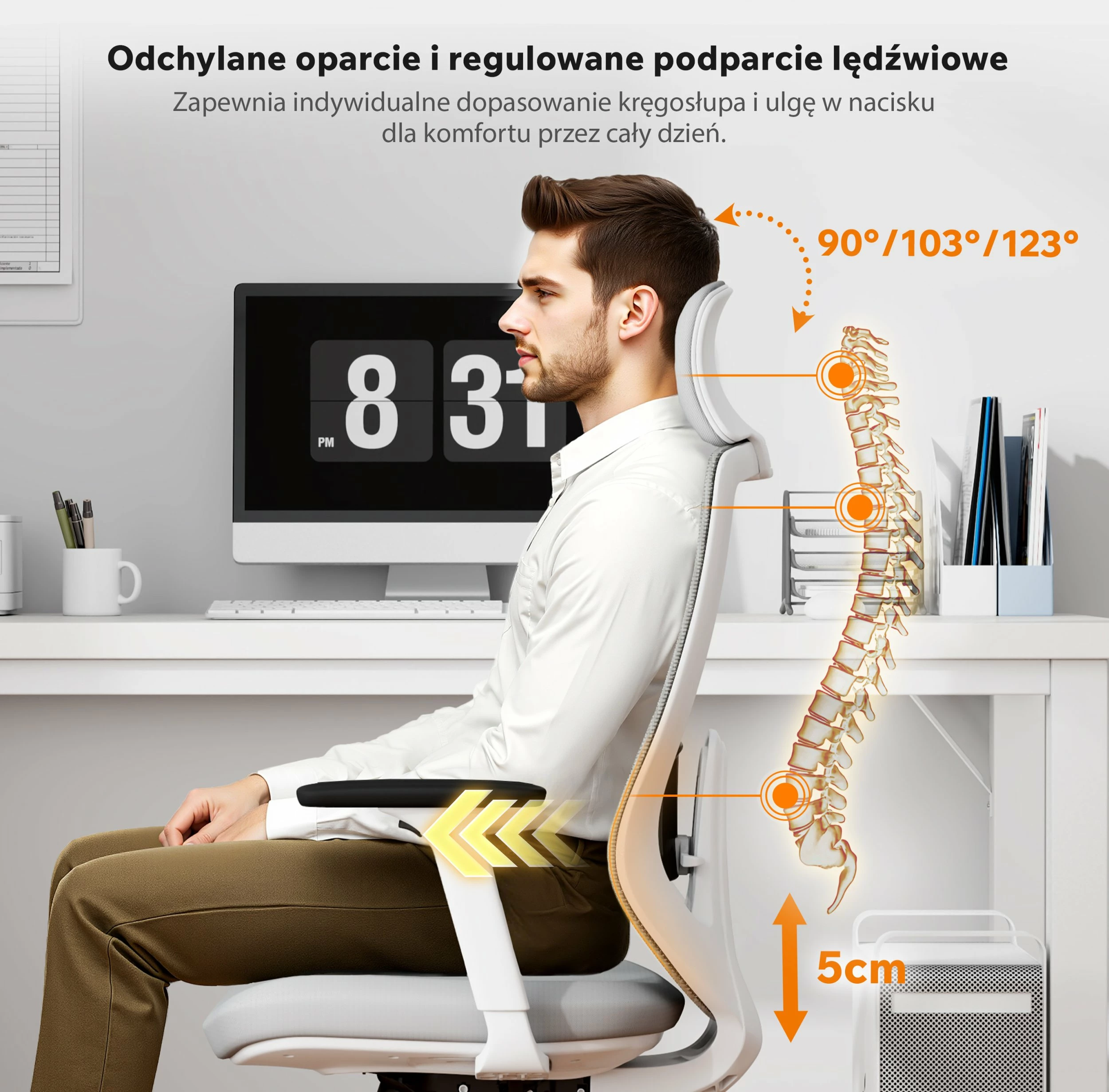 Karrige zyre SENSE7 Nakai, ergonomike me rrota, mbështetëse koke, krahë 3D, 150 kg, bardhë-gri