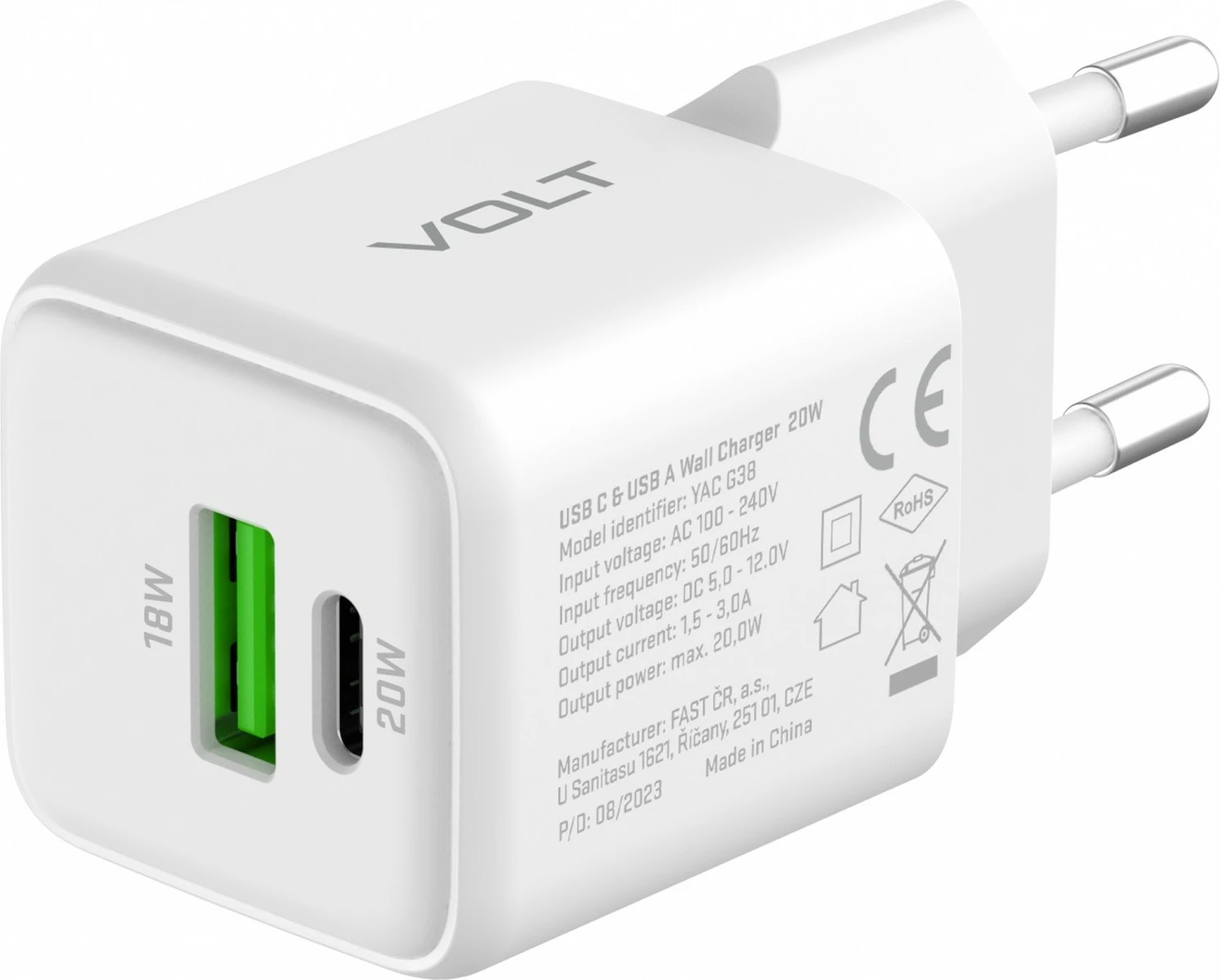 Karikues muri YENKEE YAC G38 VOLT, 20W, 2 porta USB (USB-A + USB-C), Bardhë