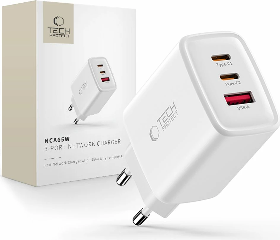 Karikues muri Tech-Protect NCA65W-GAN, 65W, 3 porta (2x USB-C PD + USB-A QC 3.0), me kabllo USB-C 1m, bardhë