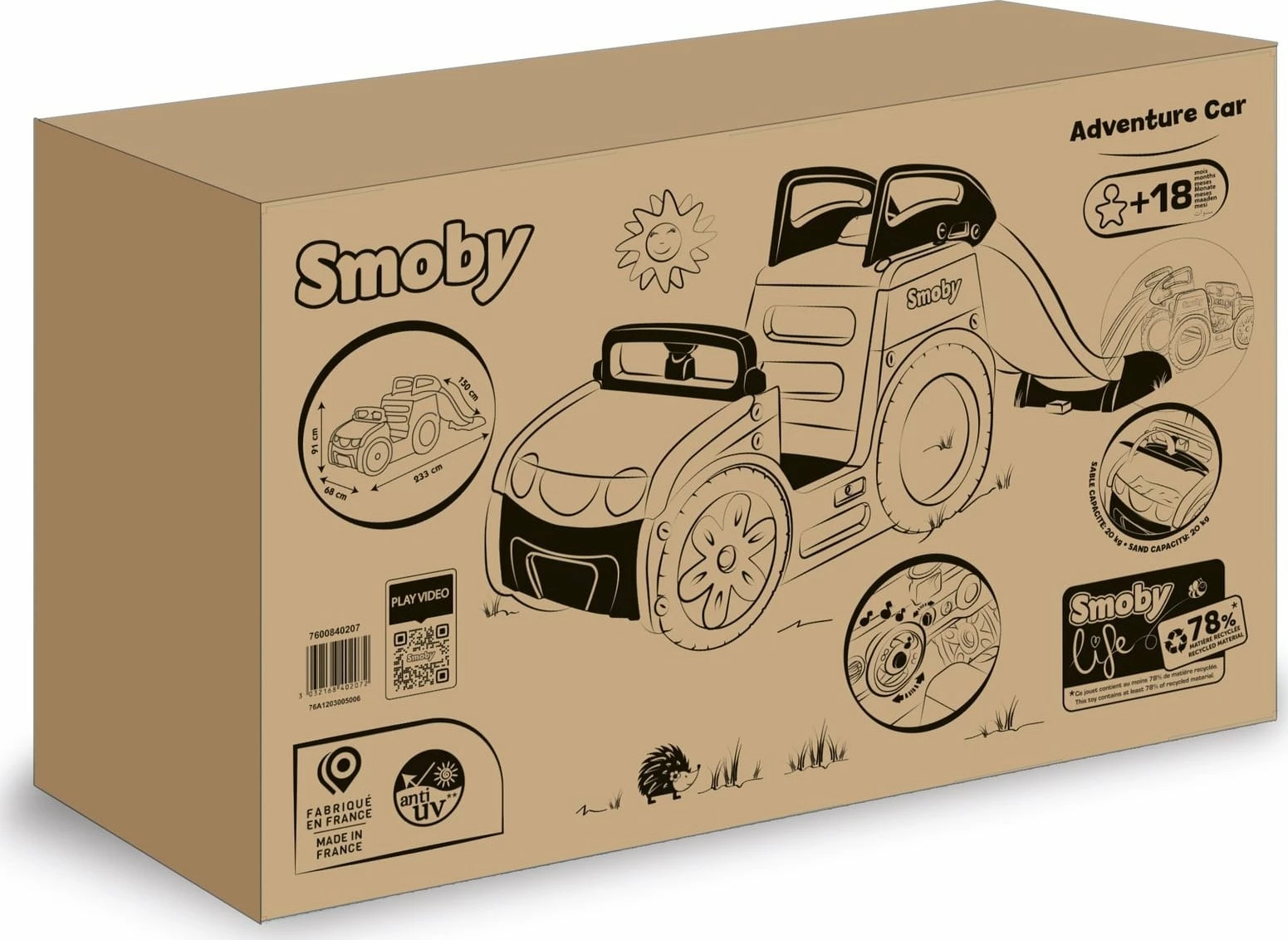 Lodër oborri 3-në-1 Smoby Adventure Car 840207, rrëshqitëse 150 cm, shumëngjyrëshe