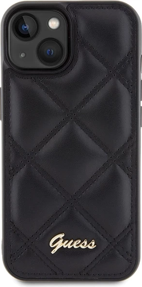 Mbështjellës Guess Quilted Metal Logo për iPhone 15, i zi