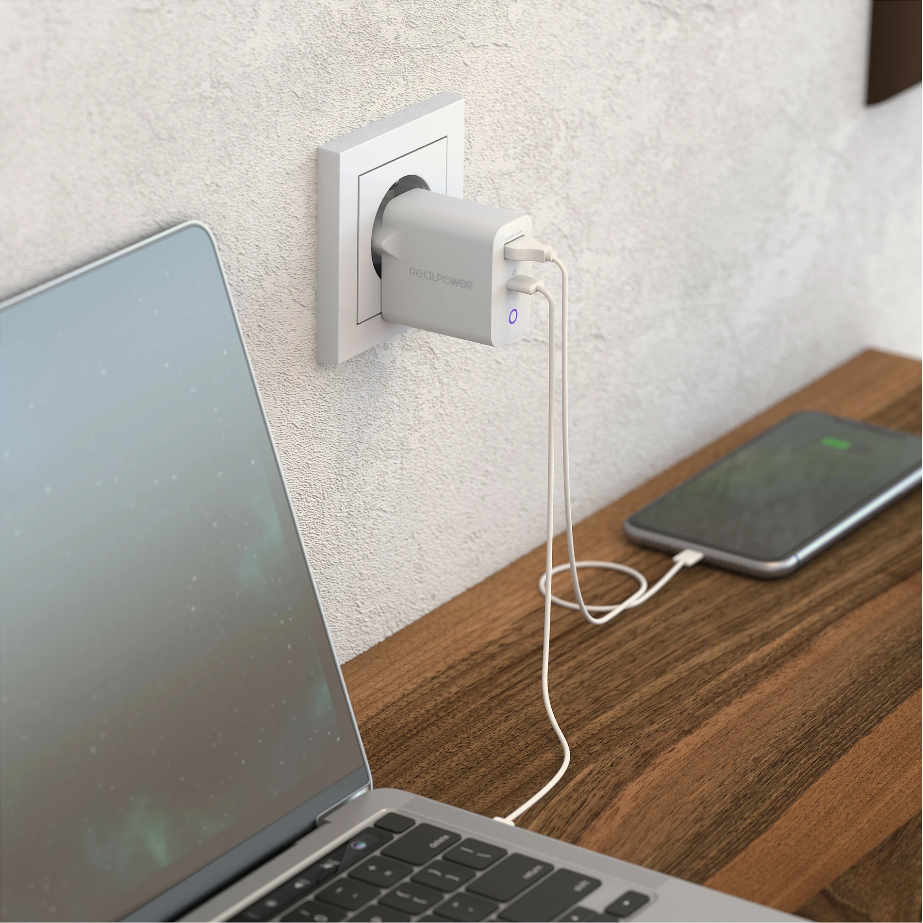 Karikues muri RealPower 352262, 65W USB-C PD + USB-A, i bardhë