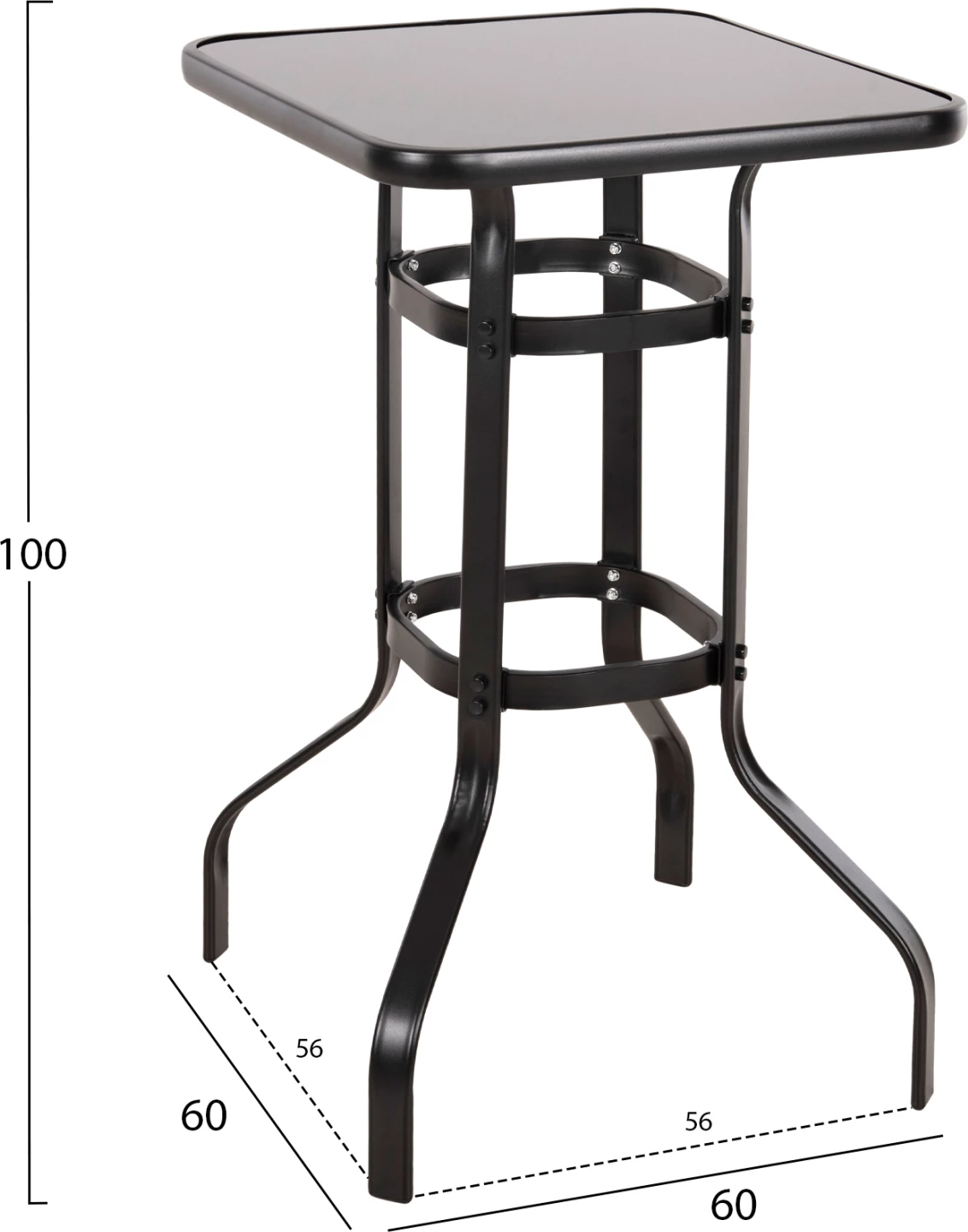 Tavolinë për bar, katrore, FIGGY FH6066.03, ngjyrë e zezë metalike, xham i kalitur, 60x60x100H cm
