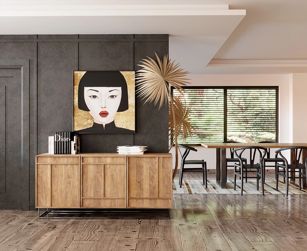 Bufe Craft me 3 dyer, dru mango natyral, këmbë metalike të zeza, 160x44x75