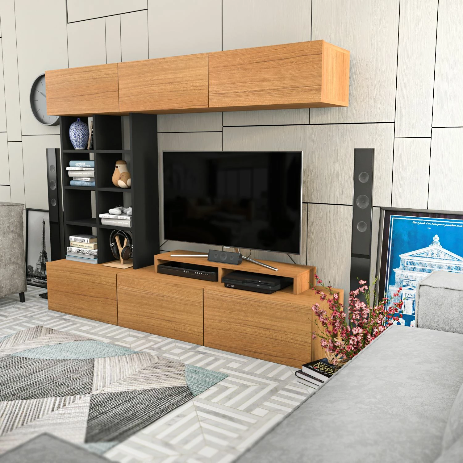 Komodë TV Hanah Home, Sasa, ngjyrë teak dhe e zezë