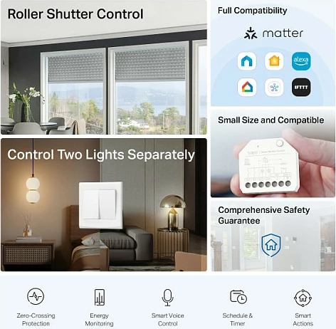 Modul switch smart TP-Link Tapo S112, kontroll roletash/zhalluzinash, Wi‑Fi 2.4GHz, Matter, i bardhë